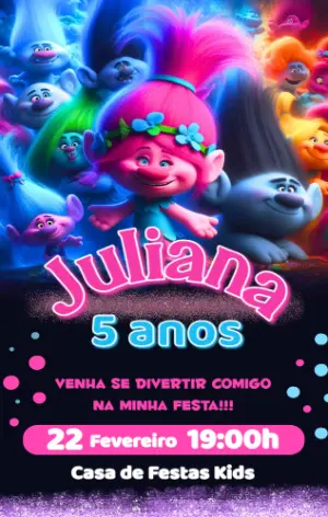 Convite de Aniversário Trolls Colorido para Editar Online