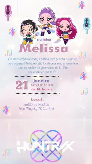 Convite Animado de Aniversário K-Pop Guerreiras para Editar