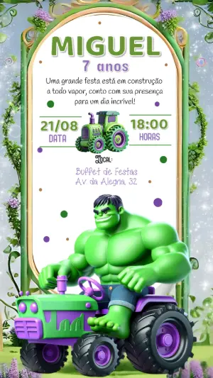 Convite de Aniversário Hulk no Trator para Editar Online