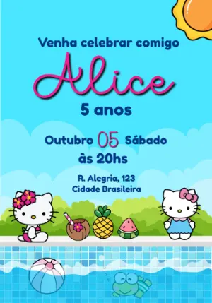 Convite de Aniversário Hello Kitty Festa na Piscina Editável