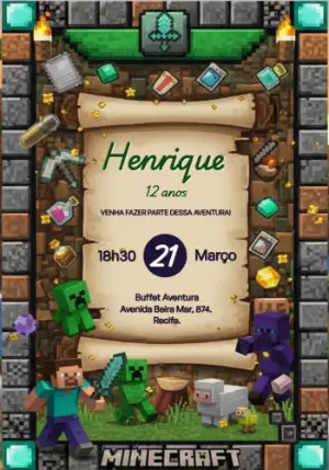 Convite Aniversário Minecraft com Personagens para Editar