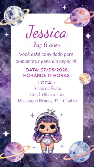 Convite de Aniversário Galáxia com Boneca Astronauta Editável