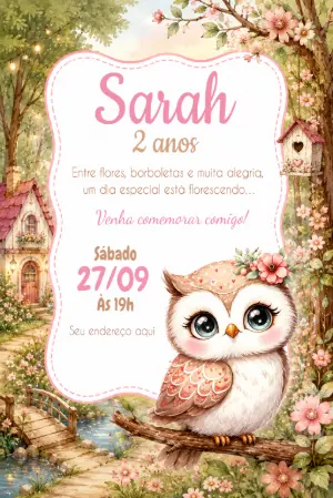 Convite de Aniversário Corujinha no Bosque Editável