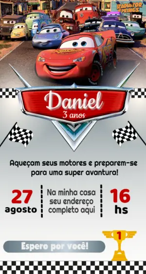 Convite de Aniversário Carros: Modelo Digital Editável