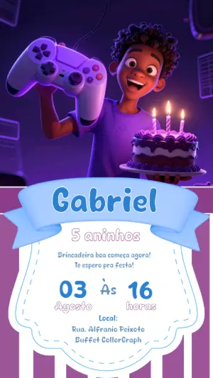 Convite de Aniversário Gamer 3D Roxo para Editar