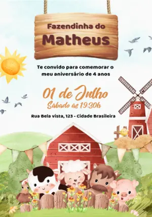 Convite Aniversário Fazendinha com Animais para Editar Online