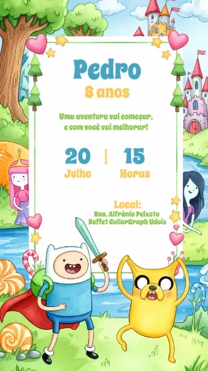 Convite de Aniversário Hora da Aventura com Personagens para Editar