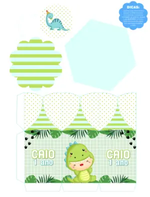 Centro de Mesa Dinossauro Baby Verde para Editar e Imprimir