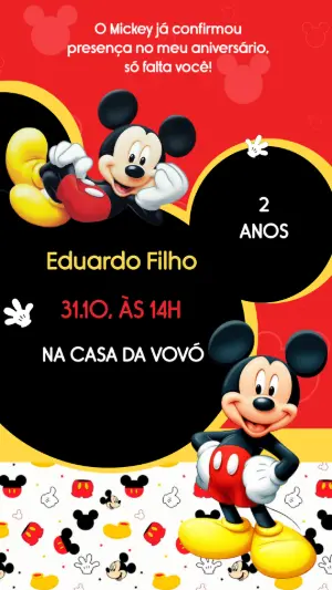 Convite Digital Aniversário Infantil Mickey Mouse para Editar