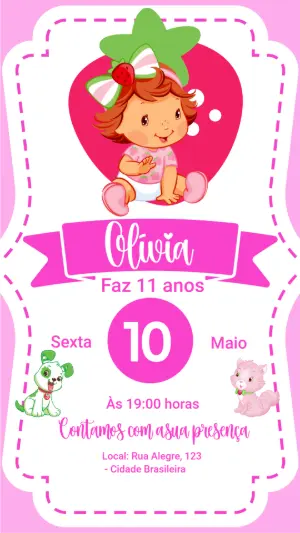 Convite de Aniversário Moranguinho Baby Rosa para Editar