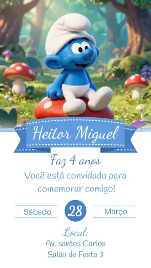 Convite de Aniversário Infantil Smurfs Modelo Digital Editável