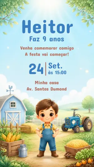 Convite de Aniversário Fazendinha Menino Editável