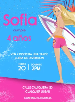 Invitación de Cumpleaños Barbie Surfista Modelo Editable