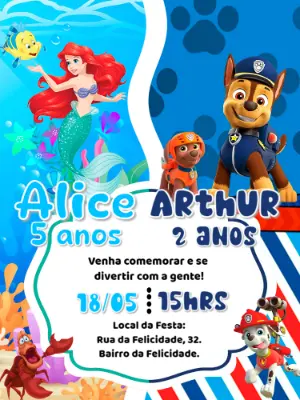 Convite Aniversário Duplo Ariel e Patrulha Canina para Editar