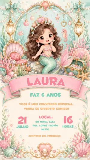 Convite de Aniversário Sereia Fofa em Aquarela para Editar