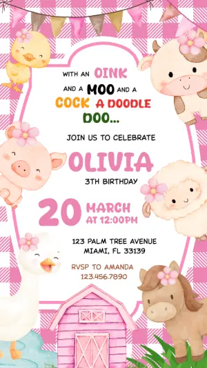 Cute Farm Animals Birthday Invitation for Girls | Editable Template