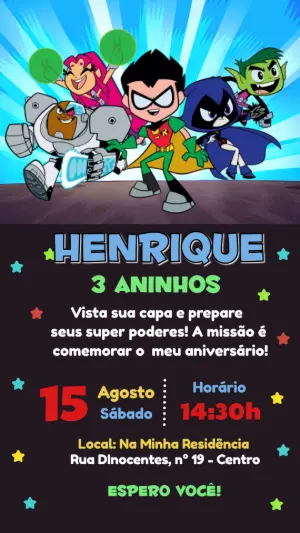 Convite Animado Aniversário Jovens Titãs para Editar Online