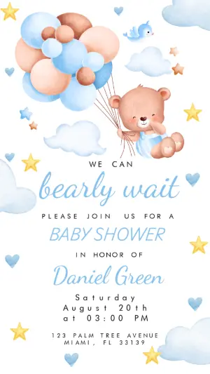 Editable Teddy Bear Baby Shower Invitation with Balloons
