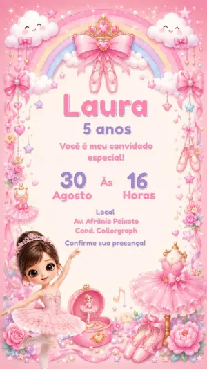 Convite de Aniversário Bailarina Rosa Modelo Editável
