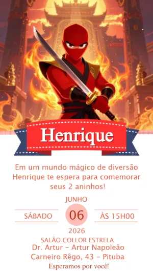 Convite de Aniversário Digital Tema Ninja Vermelho para Editar