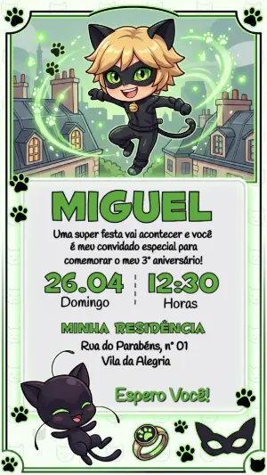 Convite de Aniversário Cat Noir Chibi Editável para Festa
