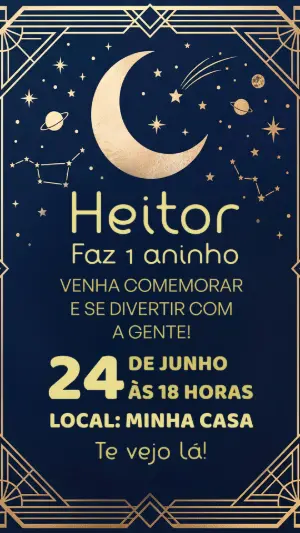 Convite Digital Aniversário Tema Lua e Estrelas para Editar