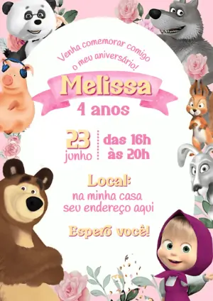 Convite de Aniversário Masha e o Urso para Editar Online
