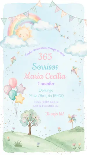 Convite de Aniversário 365 Sorrisos Aquarela para Editar