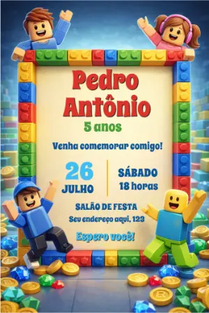 Convite de Aniversário Blocos de Montar Colorido para Editar