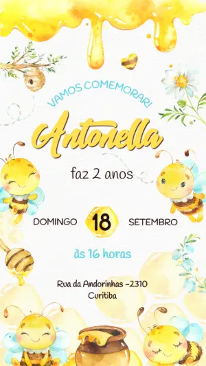 Convite Aniversário Abelhinha Aquarela para Editar Online