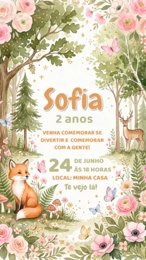 Convite de Aniversário Bosque Encantado Aquarela Editável