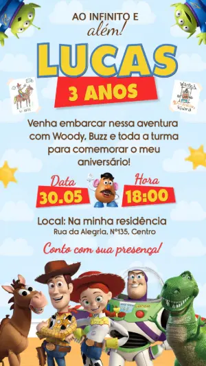 Convite de Aniversário Toy Story Editável para Menino
