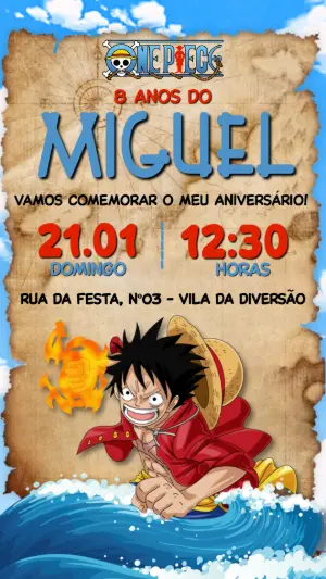Convite de Aniversário One Piece Editável com Luffy