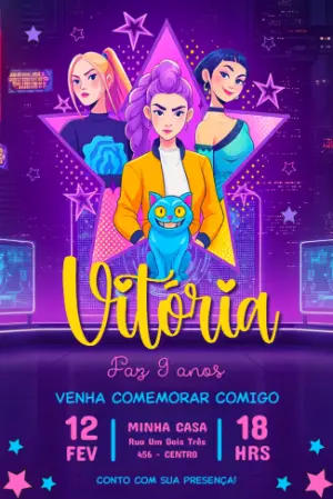 Convite de Aniversário K-pop Guerreiras Neon Editável