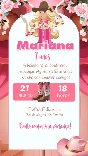 Convite Aniversário Barbie Boiadeira Country para Editar Online