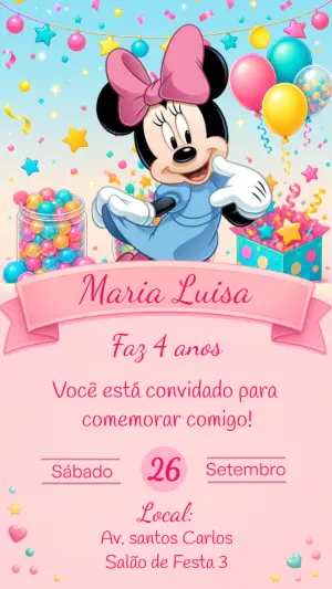 Convite de Aniversário Minnie Mouse | Modelo Digital Editável