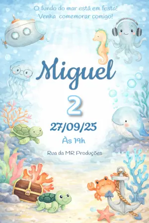 Convite de Aniversário Fundo do Mar Aquarela para Editar