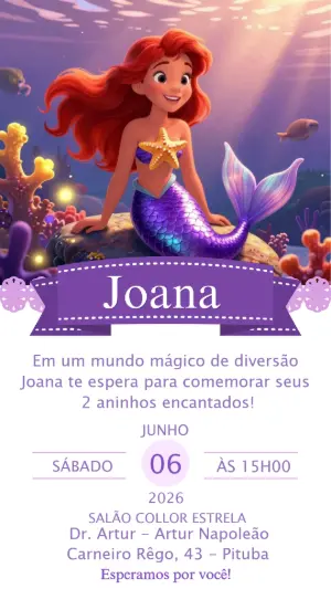 Convite de Aniversário Sereia Fundo do Mar Editável