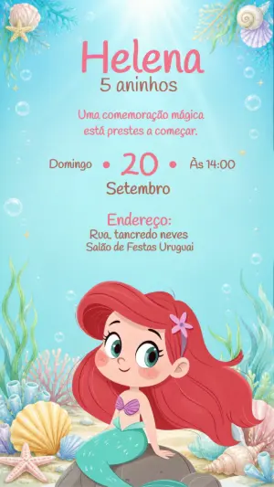 Convite de Aniversário A Pequena Sereia Modelo Editável