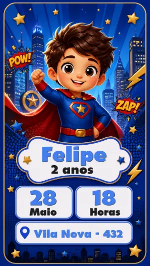 Convite de Aniversário Super-Herói Menino Modelo Editável