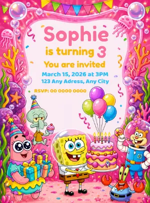 Pink SpongeBob Birthday Invitation Editable Template