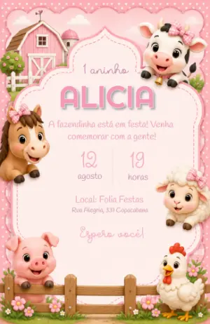 Convite de Aniversário Fazendinha Rosa Editável para Menina