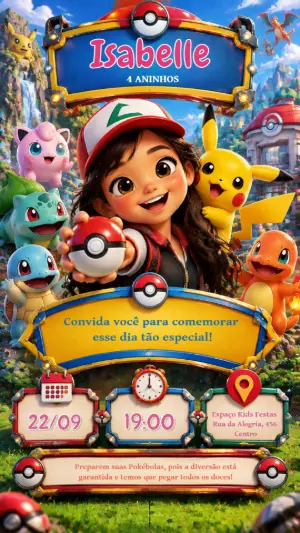 Convite de Aniversário Pokémon para Menina Editável