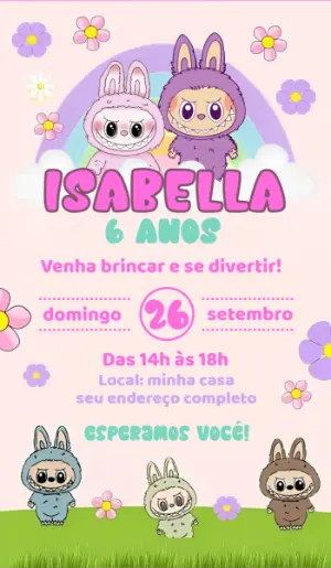 Convite de Aniversário Labubu Editável Online para Imprimir