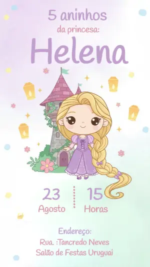 Convite Aniversário Rapunzel em Tons Pastéis para Editar