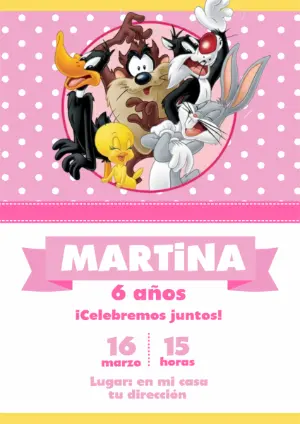Invitación de Cumpleaños Baby Looney Tunes Rosa para Editar