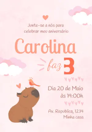 Convite de Aniversário Capivara Fofa para Editar Online