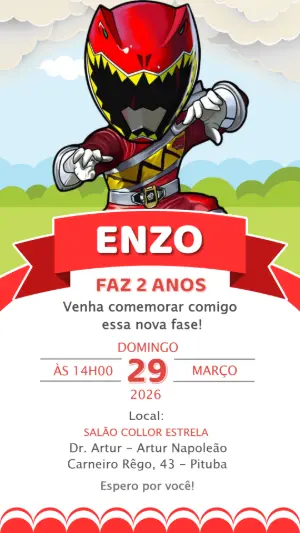 Convite de Aniversário Power Rangers Vermelho Modelo Editável