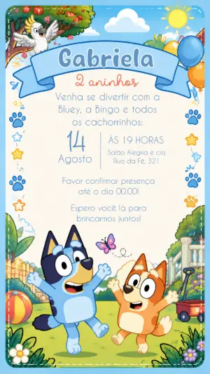 Convite de Aniversário Bluey e Bingo Editável Digital