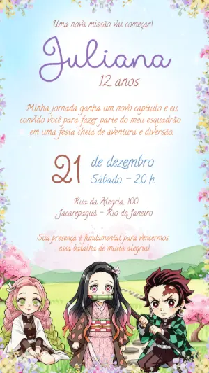 Convite de Aniversário Anime Demon Slayer Editável